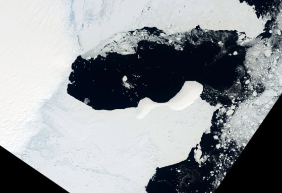 The Conger Ice Shelf as seen from space, a white mass floating in the ocean